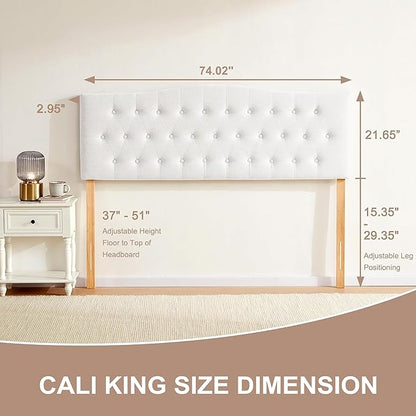 Tufted Upholstered Headboard California King, Sturdy and Durable Solid Wood Bed headboard, Fabric Headboard Adjustable Height from 37” to 51”, Button Diamond Design Head Board, White