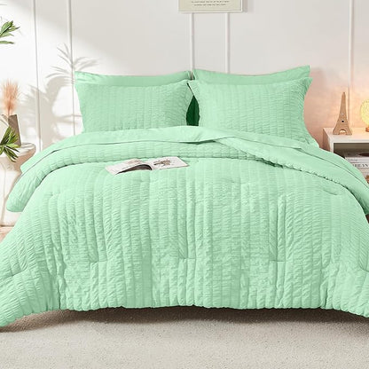 HYMOKEGE Mint Green Twin XL Comforter Set Seersucker 5 Pieces, All Season Luxury Bed in a Bag for Bedroom, Bedding Set with Comforter, Sheets, Pillowcase & Sham