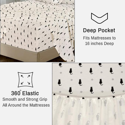 RUVANTI Flannel Sheets Split King Size - 100% Cotton Brushed Split King Bed Sheets Set, Deep Pockets 16 Inches, All Seasons Breathable & Extra Soft, Warm & Cozy, 5 Piece, Black Cat