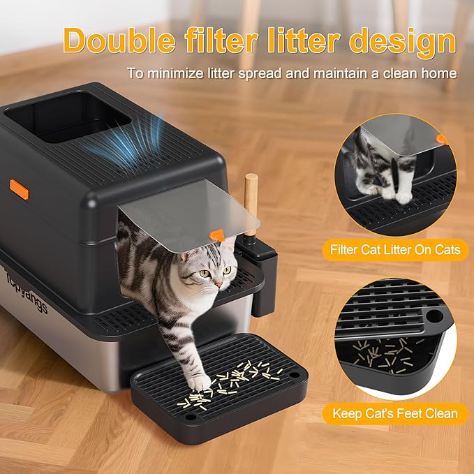 Enclosed Stainless Steel Litter Box with Lid, 20L Metal Enclosed Litter Box for Big Cat, Flip-Top Design with Anti-Leakage High Sides, Cat Lovers Gifts（Black）-Mewly Pet