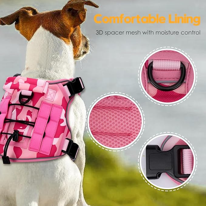 Heavy-Duty Tactical Dog Harness for Large Dogs, No Pull Adjustable Reflective Pet Vest with Molle System, K9 Military-Grade Control for Service Training, Outdoor & 10+ Breeds, Pink Camo, Small-Mewly Pet