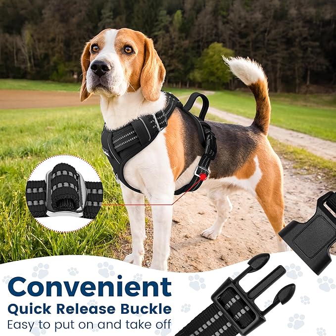 Funfox Dog Harness No Pull, Adjustable Dog Vest Harness Super Soft, 2 Leash Clips Anti Pull, Vertical Handle Easy to Control, Reflective Night Walking for Large Breed, Black, L-Mewly Pet