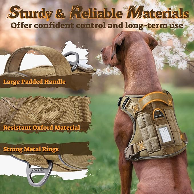 rabbitgoo Dog Harness Small Sized No Pull, Tactical Service Pet Vest with Molle and Control Handle, Adjustable and Reflective Military Harness for Easy Walking and Training, Brown, S-Mewly Pet