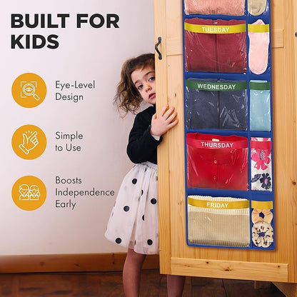 Over the Door Weekly Clothes Organizer - 5 Shelf Hanging Closet Storage with Day of the Week Labels - Weekly Clothes Organizer For Kids - Space-Saving Over Door or Wall Hanging Organizer (Blue)