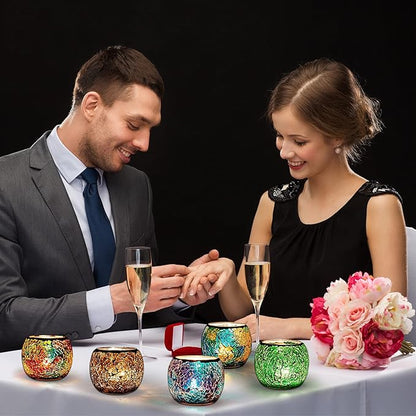 Rancco Glass Votive Candle Holder for Tealight, 6 Set Romantic Stained Mosaic Tealight Candle Holders, Handmade Cracked Aromatherapy Candle Lamp for Valentine, Party, Christmas Table Centerpiece Decor