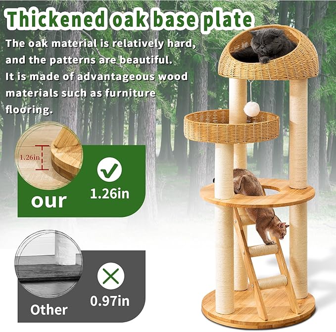 Big Modern Design Cat Tree Tower, Cat Tower Sisal-Covered Scratching Posts for Indoor Cats, Natural Oak Wood Cat Tree for Large Cats, Multi-Level Cat Condo with Sisal Staircase-Mewly Pet