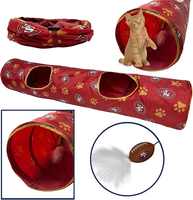 NFL San Francisco 49ers Cat Tunnel Tube Toy with Plush Football Catnip and Feathers Collapsible Tunnel for Cats to Play, Peek and Hide, Sporty & Fun Cat Tunnel Toy with Team Logo All-Over Design!-Mewly Pet