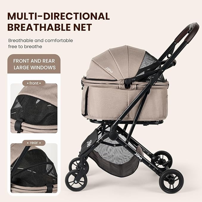 Pet Stroller, Small to Medium Dogs & Cats, Foldable, One-Hand Fold, Detachable Carrier, Latte Color-Mewly Pet