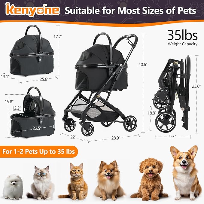 Kenyone 3-in-1 Pet Stroller for Small Medium Dogs Puppy Cat Stroller with Detachable Carrier & Pad Lightweight Foldable Aluminum Alloy Frame Dual No-Zip Entry(Black)-Mewly Pet
