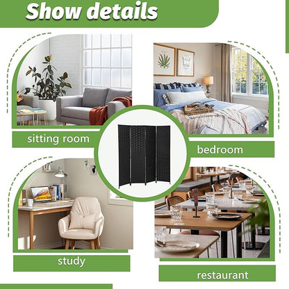 FDW Room Divider Wood Screen 4 Panel Folding Portable Partition Screens Wooden Mesh Woven Design Room Screen Divider for Home Office (Coal Black)