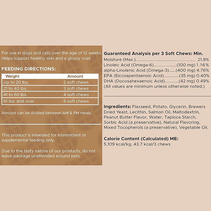 Omega for Dogs - 180 Delicious Soft Chews - Salmon Oil Treats for Skin and Coat, Itch Relief - Fish Oil Blend of Essential Fatty Acids, Omega 3, 6, and 9, and Vitamins - Peanut Butter Flavor-Mewly Pet