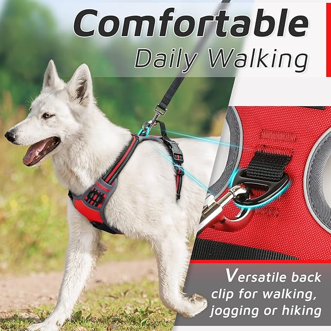 Eagloo Dog Harness for Large Dogs, No Pull Service Vest with Reflective Strips and Control Handle, Adjustable and Comfortable for Easy Walking, No Choke Pet Harness with 2 Metal Rings, Red, L-Mewly Pet