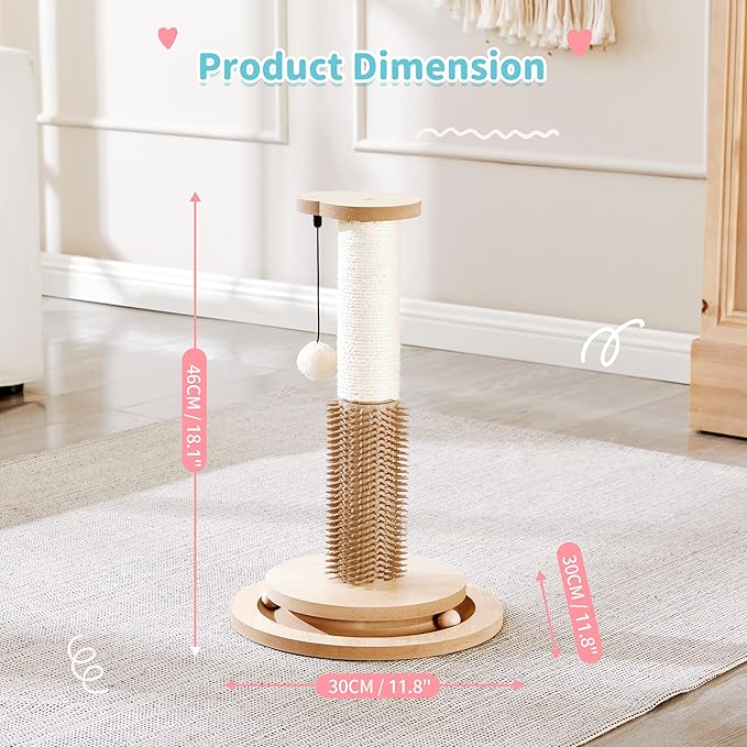 Made4Pets Cat Scratching Post 18" Tall for Small Kittens, 4-in-1 Cat Scratcher with Natural Sisal Ropes, Wooden Turntable Track Toy with Self Grooming Brush, Premium Scratch Pole with Plush Balls-Mewly Pet