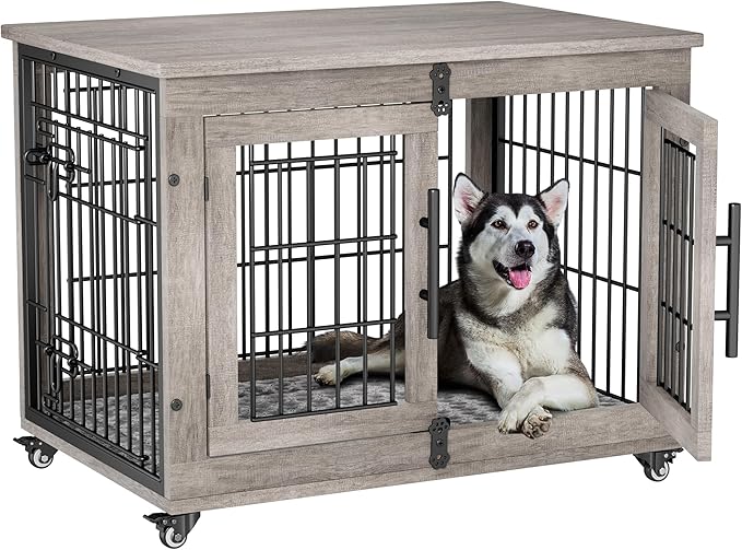 Lulive Dog Crate Furniture Set of 2, Dog Kennel Indoor Double Doors Wooden Dog Cage, 32'' Heavy Duty Dog Crate with Cushion & Wheels, End Table Pet House Chew-Resistant Up to 45 lb, Grey-Mewly Pet