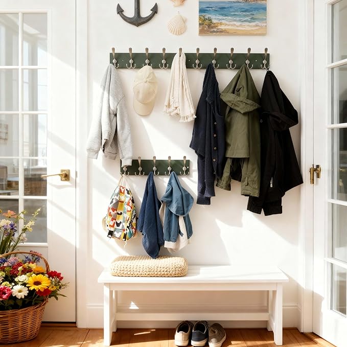 SKOLOO Creations Forest Green Solid Wood Wall Mounted Coat Rack, 5 Hooks, 17" Long - Kitchen, Mudroom, Entryway, Bathroom - Includes Mounting Hardware, Wall Coat Hanger, Towel Rack