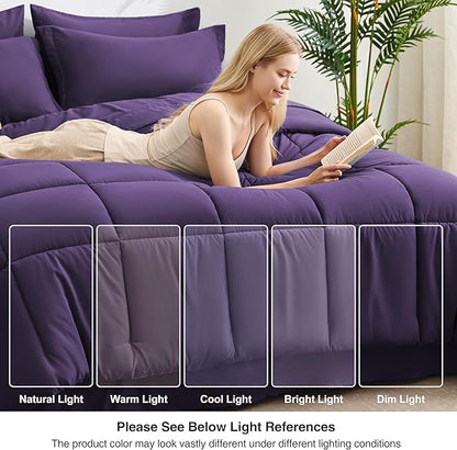 Love's cabin California King Comforter Set Dark Purple, 7 Pieces California King Bed in a Bag, All Season Bedding Sets with 1 Comforter, 1 Flat Sheet, 1 Fitted Sheet, 2 Pillowcase and 2 Pillow Sham