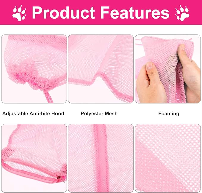 Patelai 5 Pcs Cat Bathing Bag Set Cat Grooming Bag Adjustable Pet Shower Net Muzzles Nail Clipper Tick Remover Tool Massage Brush(Pink)-Mewly Pet