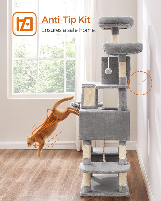 Feandrea Cat Tree, 66.1-Inch Large Cat Tower with 13 Scratching Posts, 2 Perches, 2 Caves, Basket, Hammock, Pompoms, Multi-Level Plush Cat Condo for Indoor Cats, Light Gray UPCT165W01-Mewly Pet