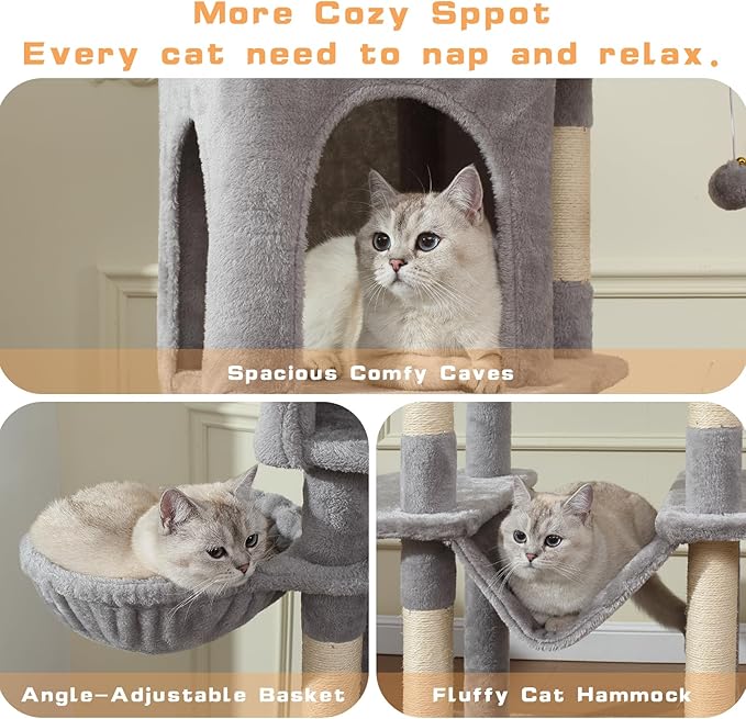 70-Inch Cat Tree,Large Cat Tree Tower with Hammock, Scratching Post, Condo and Multi-Level Cat Tower for Large Cats, Cat Activity Center Playhouse, Light Gray LCT016-Mewly Pet