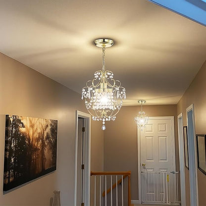 Small Crystal Chandelier for Bedroom, 90% Pre-Assembled 1 Light Gold Chandelier, Mini Acrylic Crystal Ceiling Light Fixture Charming for Girls Room, Closet, Bathroom, Entryway, Dining Room