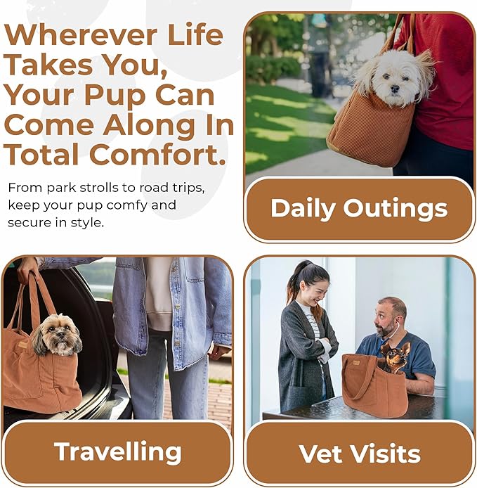 Corduroy Dog Carrier - Lightweight Cotton Soft-Sided Pet Tote with Safety Harness Clip - Breathable Travel Carrier for Small Dogs and Puppies (Brown)-Mewly Pet