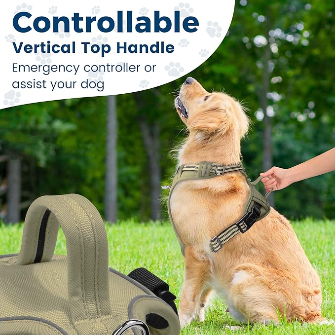 Funfox Dog Harness No Pull, Adjustable Pet Vest Harness, Super Soft Material with Vertical Handle Easy Control, Reflective Night Walking, 2 Leash Clips for Medium Sized Dogs, Army Green, M-Mewly Pet