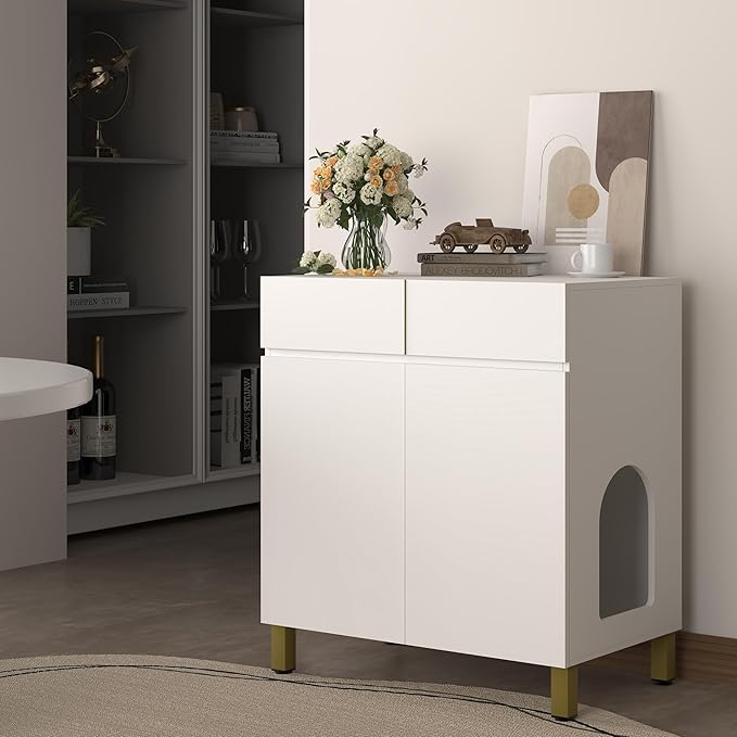 Large/Tall Litter Box Enclosure, Modern Wooden Litter Box Furniture for XL Litterbox with Drawer as Sideboard Cabinet (White)-Mewly Pet