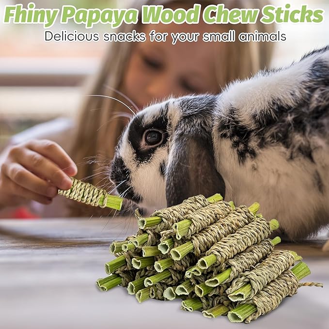Fhiny 24 PCS Rabbit Chew Sticks, Natural Papaya Wood Seagrass Guinea Pig Chew Toys for Teeth Small Animal Molar Sticks Snacks for Bunny Guinea Pig Chinchilla Ferret Hamster Gerbil Dental Care-Mewly Pet