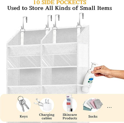Over The Door Organizer 5 Tiers, Extra Large Behind Door Storage of 10 Compartments, 80 lbs Weight Capacity Hanging Storage Organizer with Clear Window Kids Toys, Shoes,Diapers, Room Storage, White