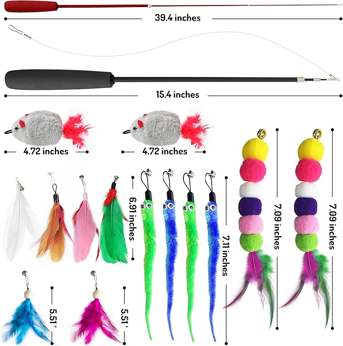 Retractable cat wand toys, 14PCS teaser refills-feather & worm refills and chirping mouse toy, interactive cat teaser toys for indoor cats, fishing pole games for bored indoor kitten exercise & play-Mewly Pet