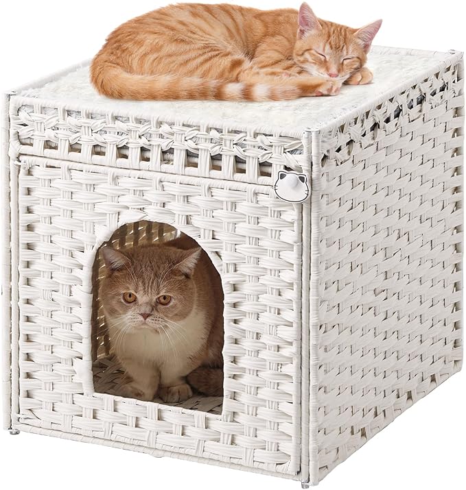 Cat Beds for Indoor Cats Extra Large Double Cat Cave Pet Cube, Handwoven Rattan Cat Houses with Double-Sided Soft Cushions, 18.5 x 20.5 x 19.1 Inches Foldable Hideaway in Living Room White-Mewly Pet