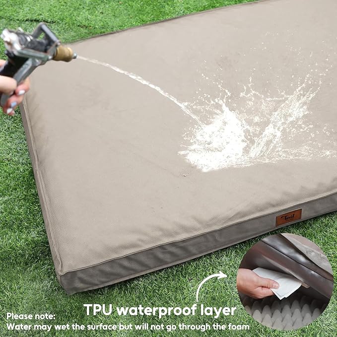 Outdoor Large Dog Bed, Waterproof Dog Bed for Large Dogs, Egg Crate Foam Pet Bed with Removable Washable Oxford Cooling Cover, Khaki-Mewly Pet