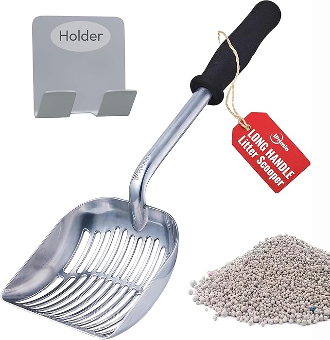 iPrimio Monster Metal Cat Litter Scoop with 17-Inch Long Handle - Extra Large Deep Shovel with Rounded Corners for Extended Reach and Soft Ergonomic Grip for Effortless Cleaning-Mewly Pet