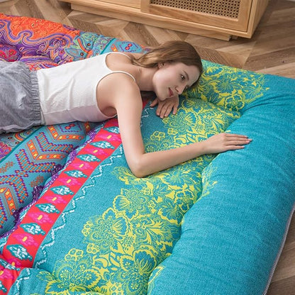 MAXYOYO Bohemian Retro Floor Mattress Boho Floral Style Japanese Futon Tatami Mat Foldable Bed Portable Camping Sleeping Pad Lounger Couch King Size