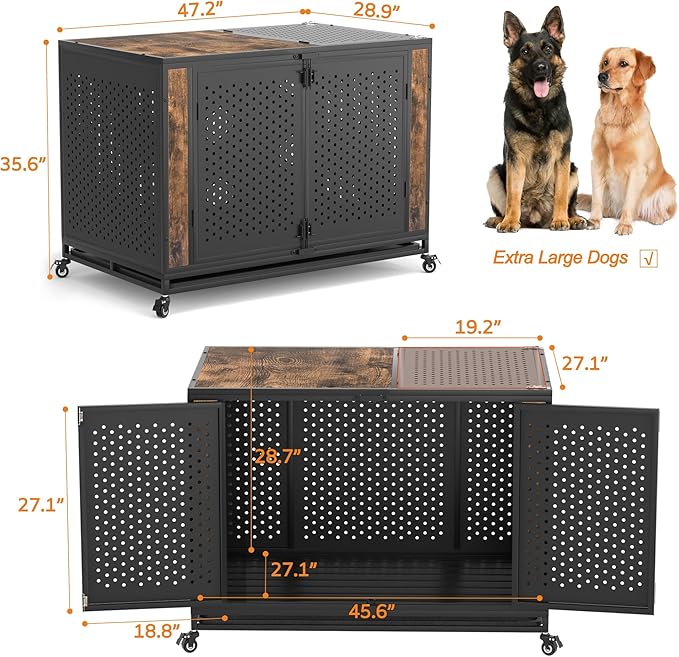 48" Heavy Duty Dog Crate Furniture for Extra Large Dogs, Enclosed Design with 0.5 inch Holes, Indestructible Metal Kennel for High Anxiety Dogs, Chew Proof Pet Cage House Indoor, Brown-Mewly Pet