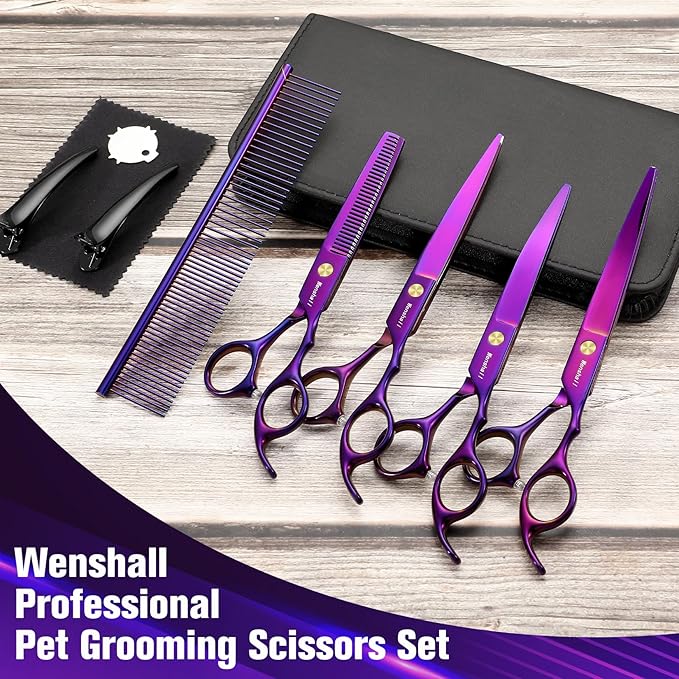 Professional Dog Grooming Scissors Set - 6.5" Thinning, 7" Straight, 7" Up-Curved, 7" Down-curved Scissors and Comb for Dog Cat Pet (Purple)-Mewly Pet