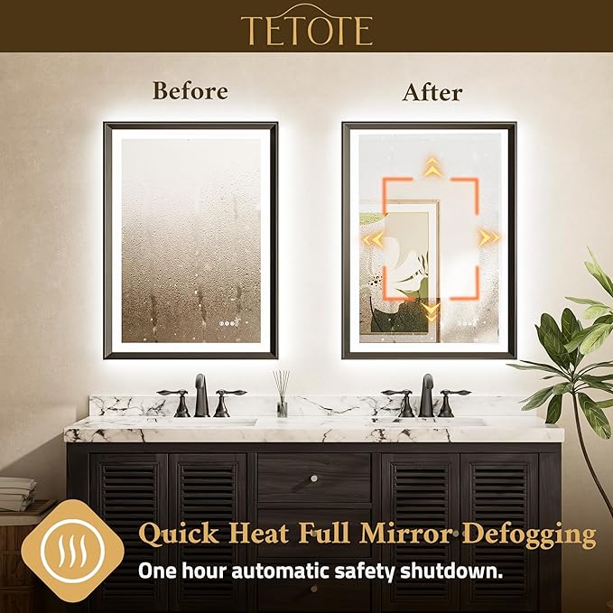 TETOTE 40x24 LED Bathroom Mirror with Lights Black Metal Framed Front & Back Light Vanity Mirror Baroque Gothic Antifog Stepless Dimmable White/Warm/Natural,CRI90+,Waterproof(Horizontal/Vertical)