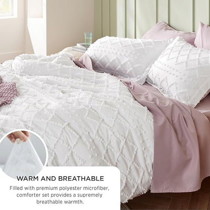 Bedsure Queen Comforter Set - Grayish Purple Comforter, Boho Tufted Shabby Chic Bedding for Kids, 3 Pieces Vintage Farmhouse Bed Set for All Seasons, Fluffy Soft Bedding with 2 Pillow Shams