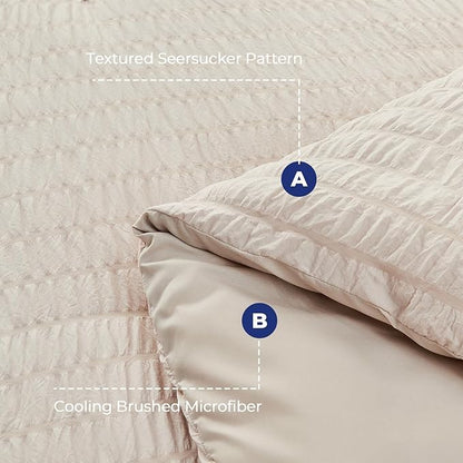 HYMOKEGE Beige King Size Comforter Set Seersucker 7 Pieces, All Season Luxury Bed in a Bag for Bedroom, Bedding Set with Comforters, Sheets, Pillowcases & Shams