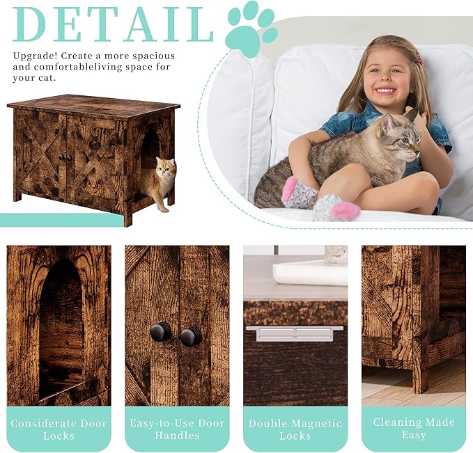 Vongrasig Cat Litter Box Enclosure,Litter Box Furniture Hidden with Barn Door,Wooden Cat Washroom Furniture,Cat House,End Table, Fit Most of Litter Box, Brown-Mewly Pet