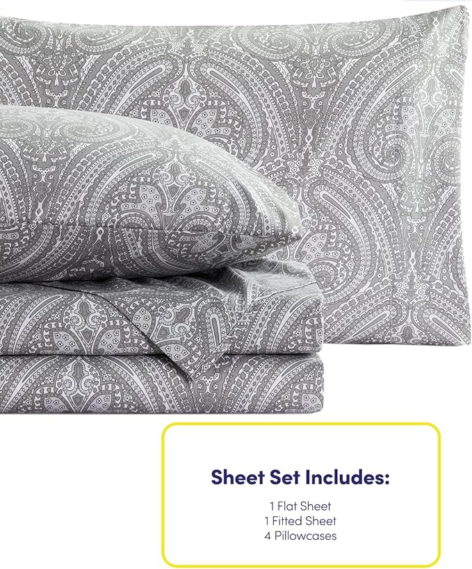 Cal King Size Bed Sheets - 6 Piece 1500 Supreme Collection Fine Brushed Microfiber Deep Pocket California King Sheet Set Bedding - 2 Extra Pillow Cases, Great Value, California King, Paisley Gray