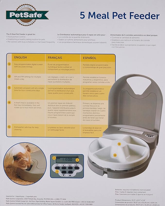 PetSafe Automatic Dog Feeder, 5 Meals, 40 oz Capacity, Plastic, for Dry Food, Multiple Pets (Pack of 2)-Mewly Pet