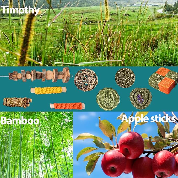 HERCOOCI 18Pcs Rabbit Chew Toys, Bunny Treats and Ball Timothy Hay Stick Toys for Rabbit Bunny Guinea Pig Chinchilla Hamster Teeth Care-Mewly Pet