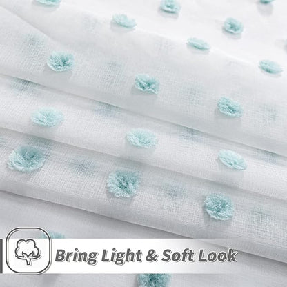 MYSKY HOME 108 Inch Long Large Pom Pom Sheer Curtains for Living Room - Aqua White, Light Filtering, Rod Pocket Window Panels - 38 x 108 inch, 2 Pieces