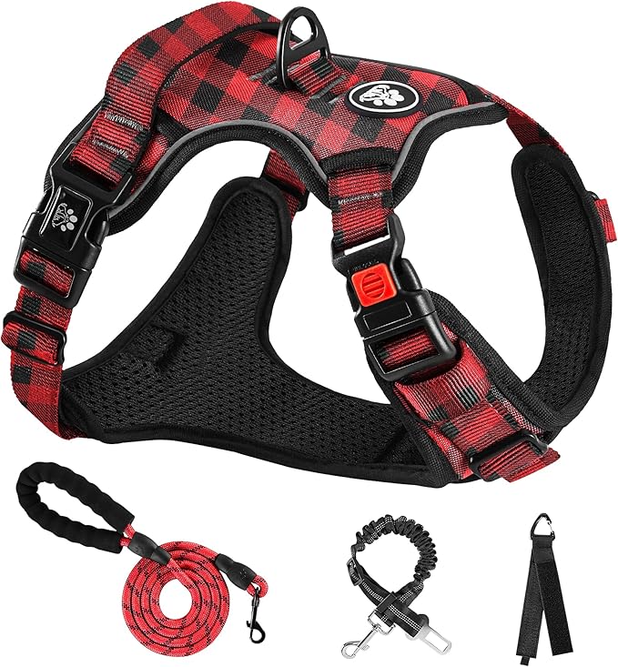 NESTROAD No Pull Dog Harness with Leash, Reflective No Choke Pet Vest Harness,Adjustable Soft Padded Dog Harness with Easy Control Handle for Medium Dogs(Checkered Red,Medium)-Mewly Pet