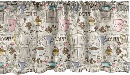 Ambesonne Modern Window Valance Pack of 2, Coffee Time Vintage Espresso Machine Cupcakes Beans Design, Rod Pocket Curtain Valances for Kitchen Bedroom, 54" X 18", Pale Pink Beige