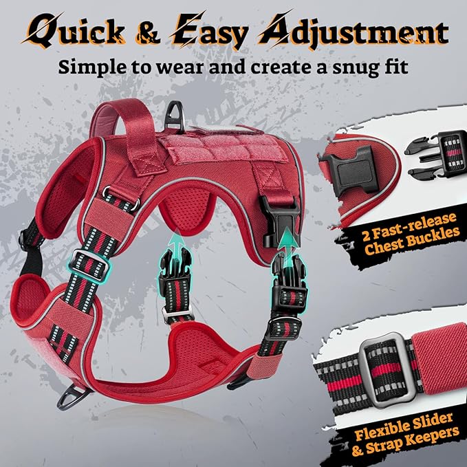 rabbitgoo Dog Harness Medium Sized No Pull, Tactical Service Pet Vest with Molle and Control Handle, Adjustable and Reflective Military Harness for Easy Walking and Training, Red, M-Mewly Pet