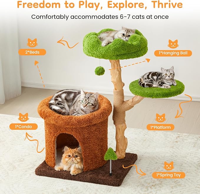 32-Inch Multi-Level Cat Tree Tower, Natural Wooden Cat Furniture with Sisal Scratching Posts, Beds & Condo, Cute Cat Tree for Indoor Cats, Multi-Cat Householdsolds-Mewly Pet