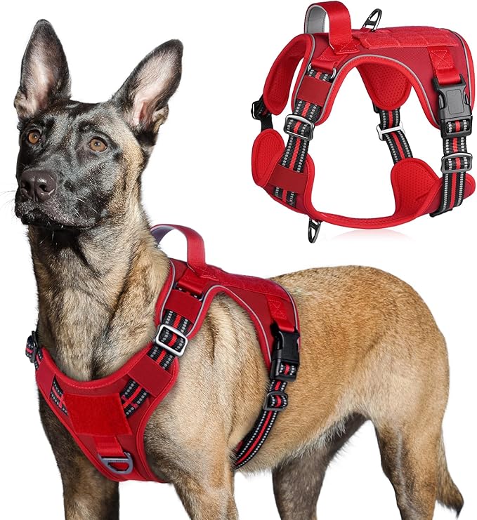 rabbitgoo Tactical Dog Harness for Large Dogs, No Pull Military Service Vest with Handle & Molle, Easy Control for Training Walking, Adjustable Reflective Straps, Red, L-Mewly Pet