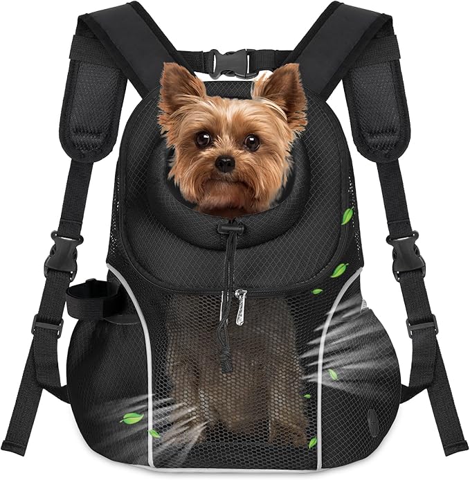 WOYYHO Pet Dog Carrier Backpack Small Dog Front Backpack Ventilated Mesh Dog Travel Back Pack with Safety Belt for Travel Hiking Cycling Outdoor Adventures (Size L: 10-14 lbs, Black)-Mewly Pet